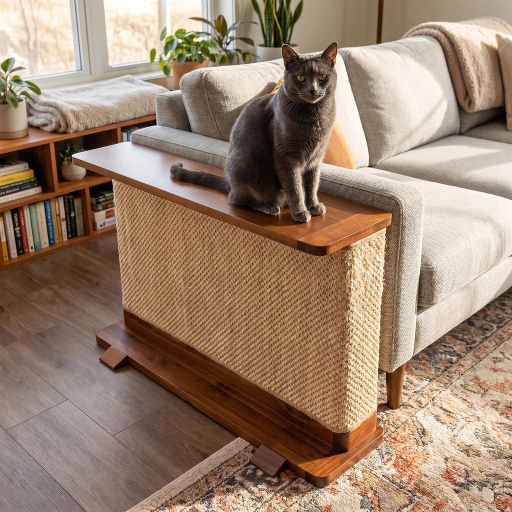 Modern Cat Scratcher Side Table, Sisal Sofa Protector with Wooden Frame for Indoor Cats