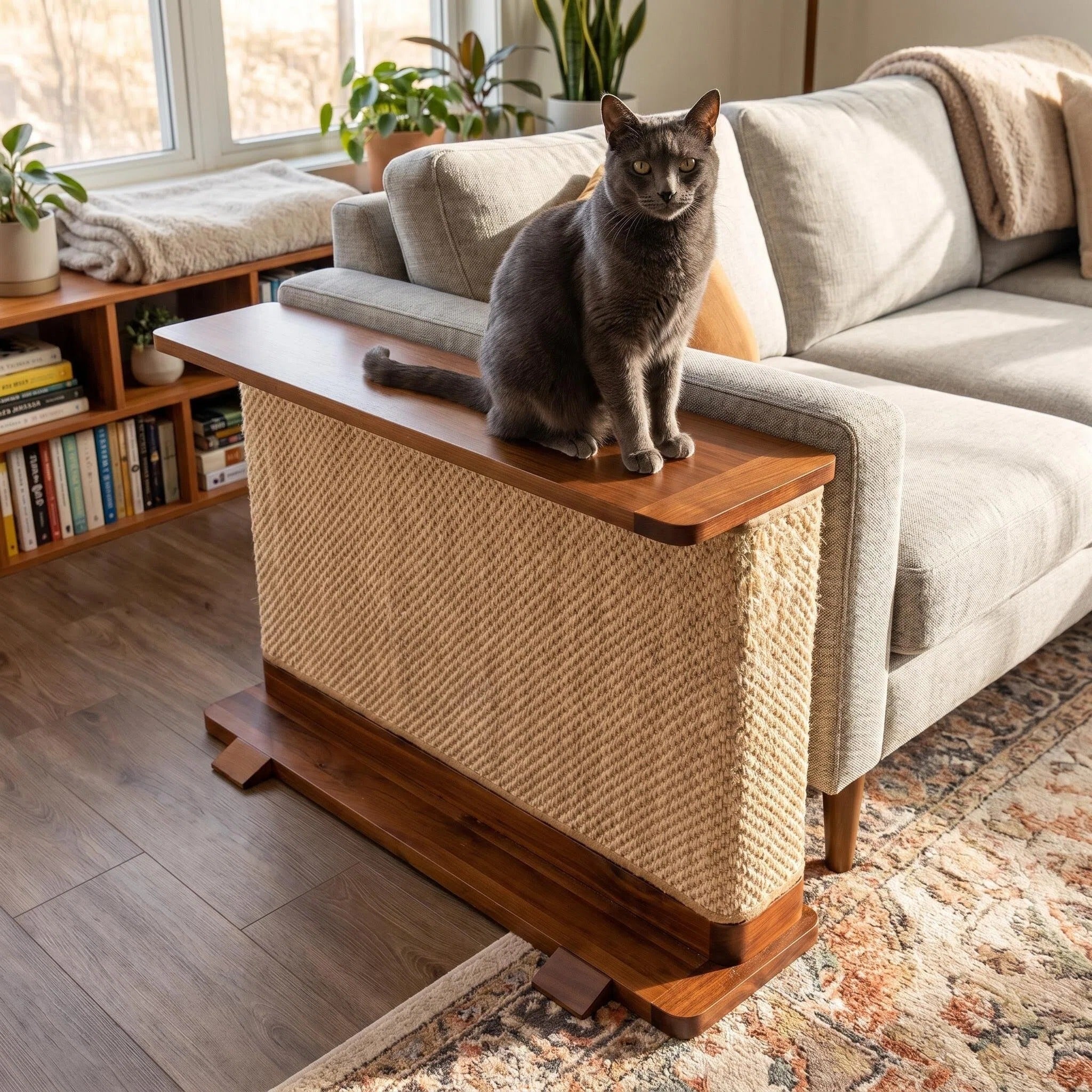 Modern Cat Scratcher Side Table, Sisal Sofa Protector with Wooden Frame for Indoor Cats
