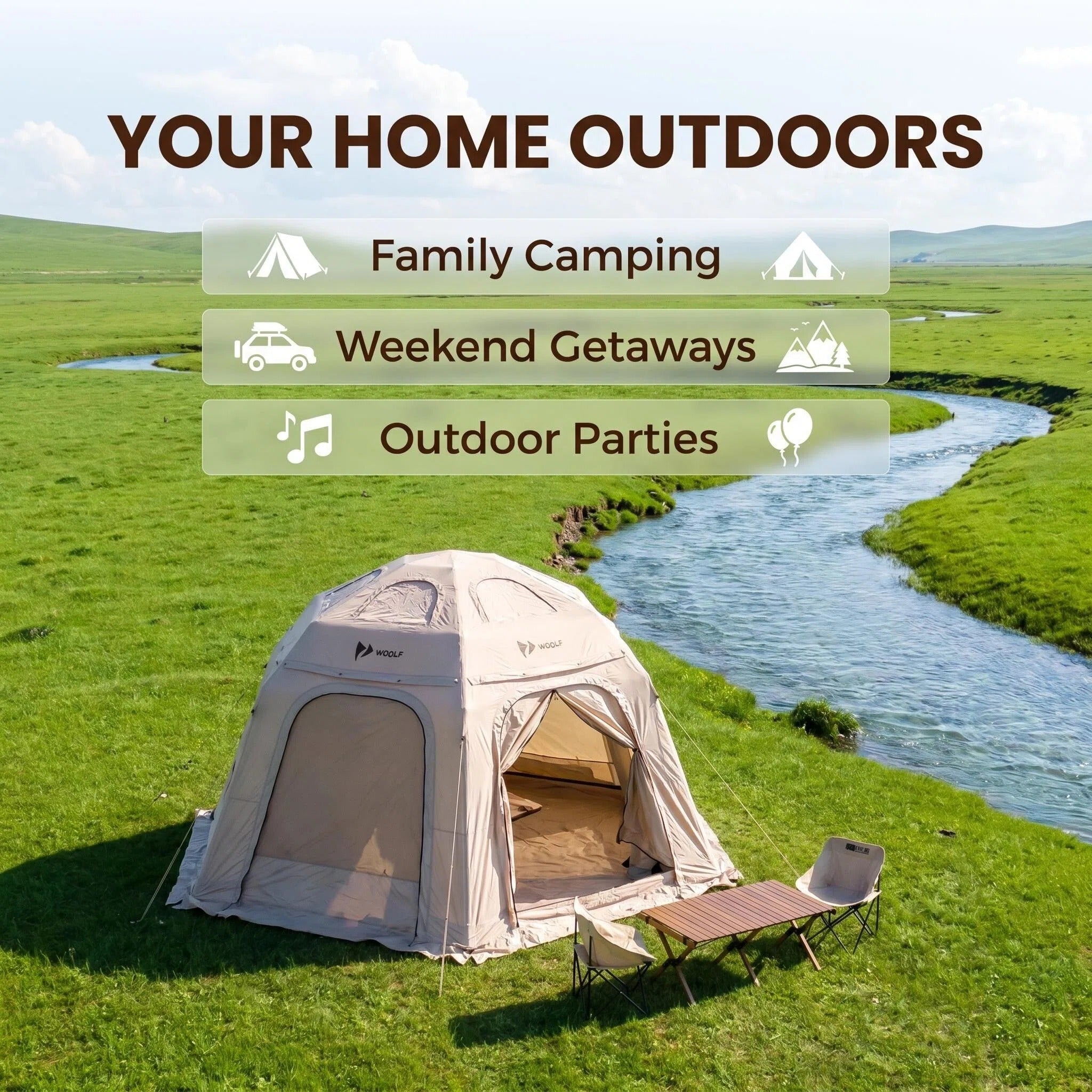 Inflatable Glamping Tent, Spacious Weather Resistant Camping Tent with 360 Ventilation