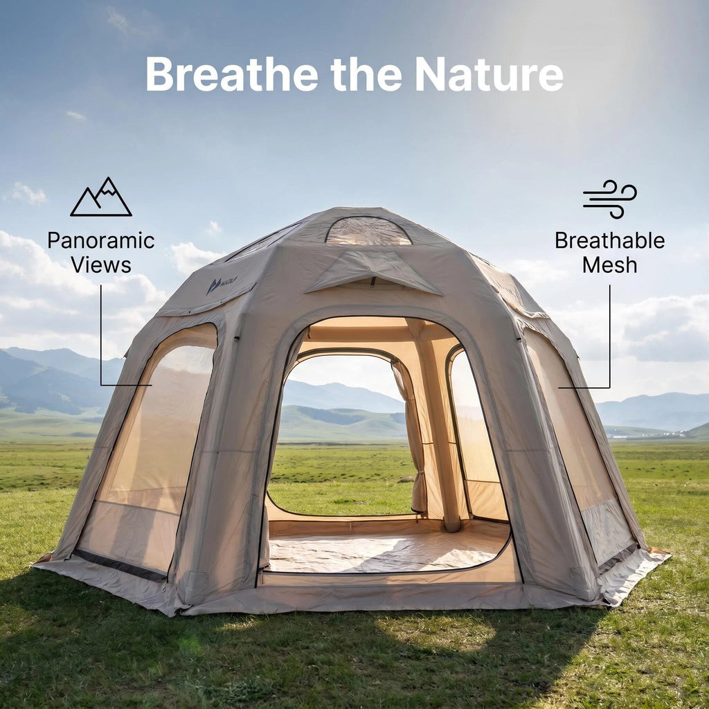 Inflatable Glamping Tent, Spacious Weather Resistant Camping Tent with 360 Ventilation