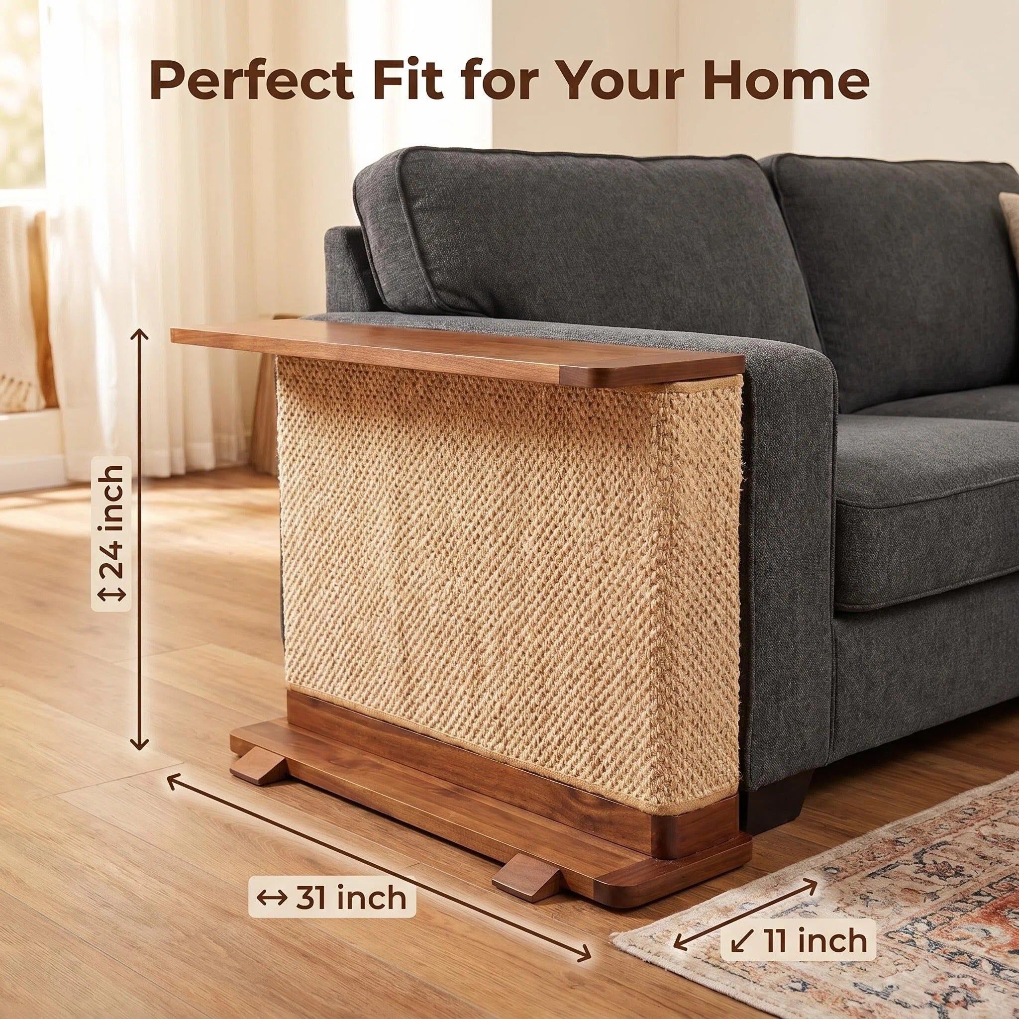 Modern Cat Scratcher Side Table, Sisal Sofa Protector with Wooden Frame for Indoor Cats